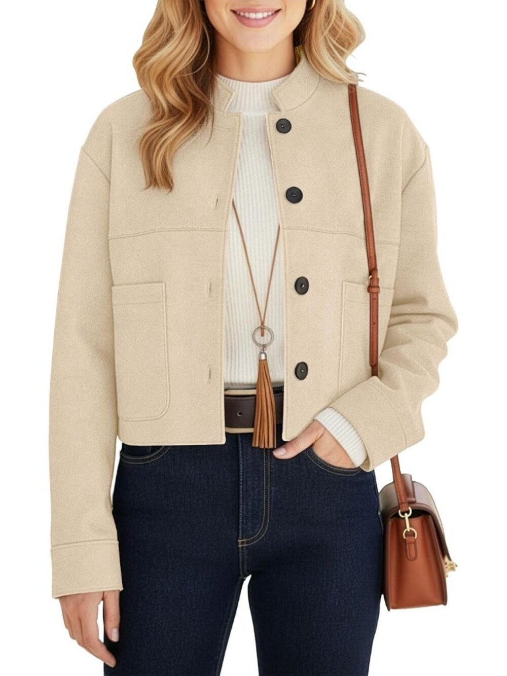 Women's Apricot Chic Faux Suede Oversized Button-Down Cropped Motorcycle Jacket